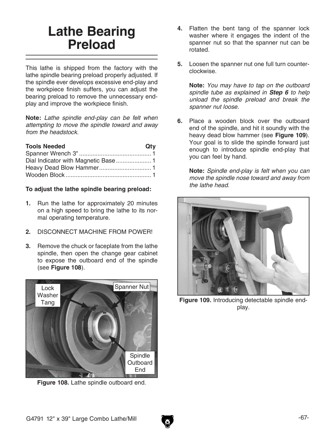 Grizzly G4791 Lathe Bearing Preload, To adjust the lathe spindle bearing preload, hZZ #, AdX` HeVccZgCji LVhZg IVc 