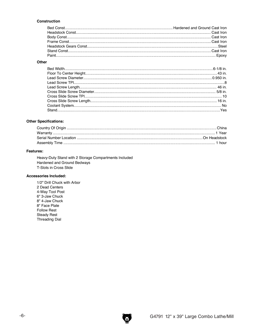 Grizzly G4791 owner manual Other Specifications 