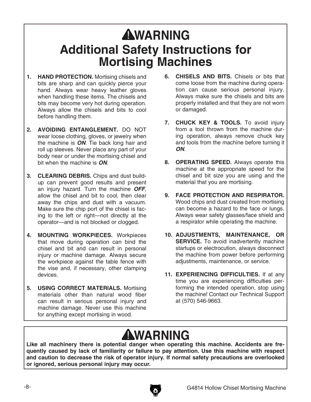 Grizzly G4814 owner manual Additional Safety Instructions for Mortising Machines, On# 