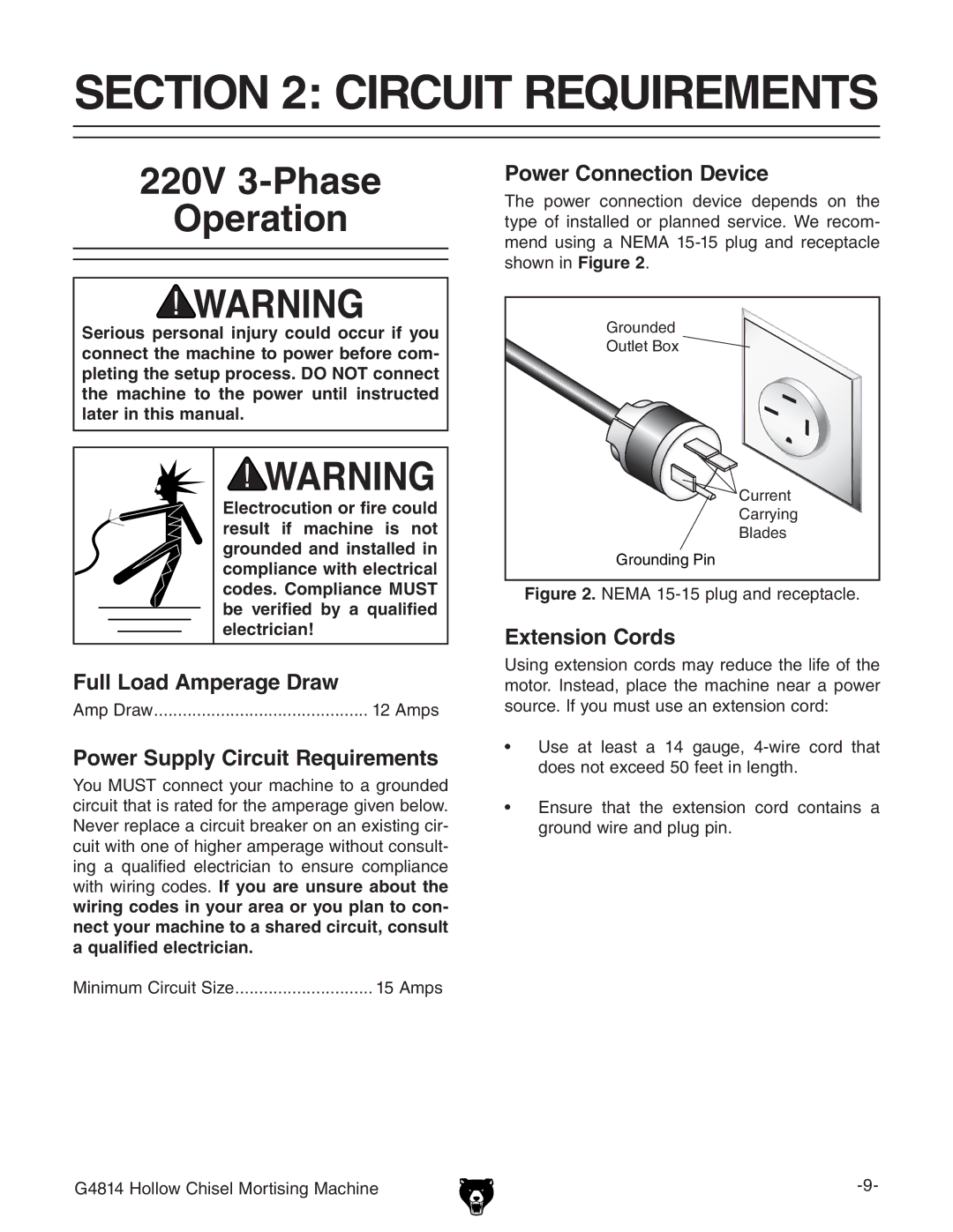 Grizzly G4814 owner manual Circuit Requirements, 220V 3-Phase Operation 