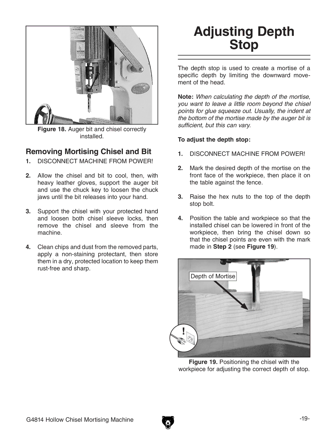 Grizzly G4814 owner manual Adjusting Depth Stop, Removing Mortising Chisel and Bit, To adjust the depth stop 