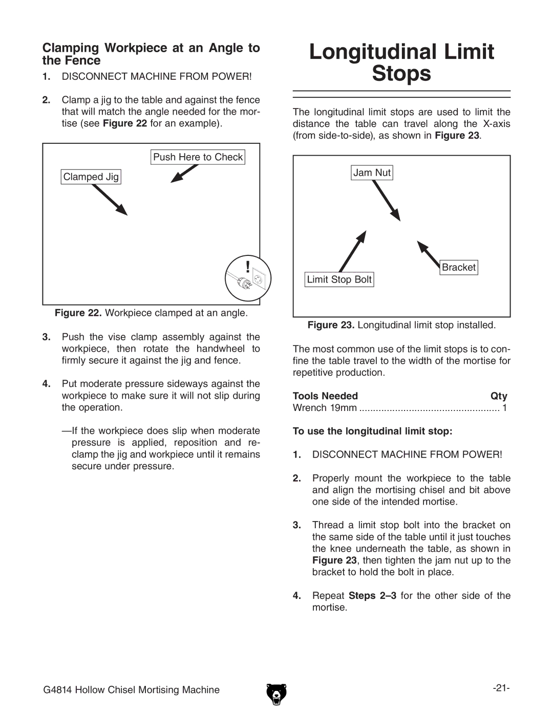 Grizzly G4814 owner manual Longitudinal Limit Stops, Clamping Workpiece at an Angle to the Fence, Tools NeededQty 