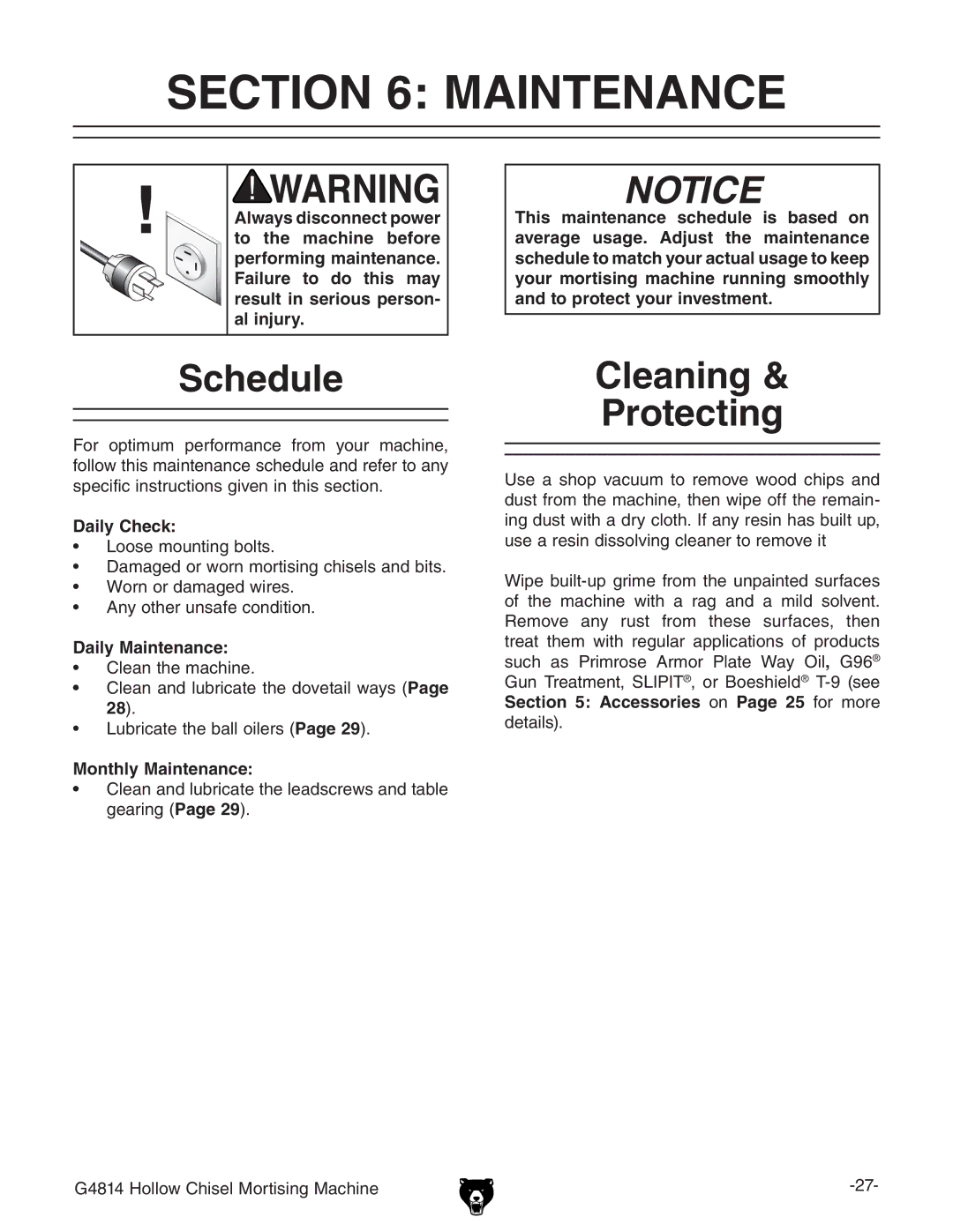 Grizzly G4814 owner manual Maintenance, Schedule, Cleaning Protecting 