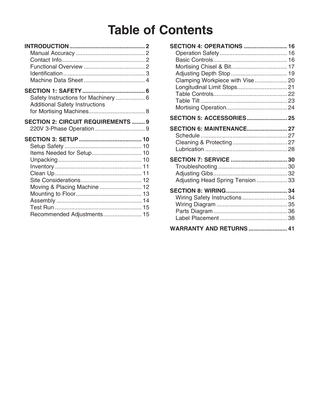 Grizzly G4814 owner manual Table of Contents 