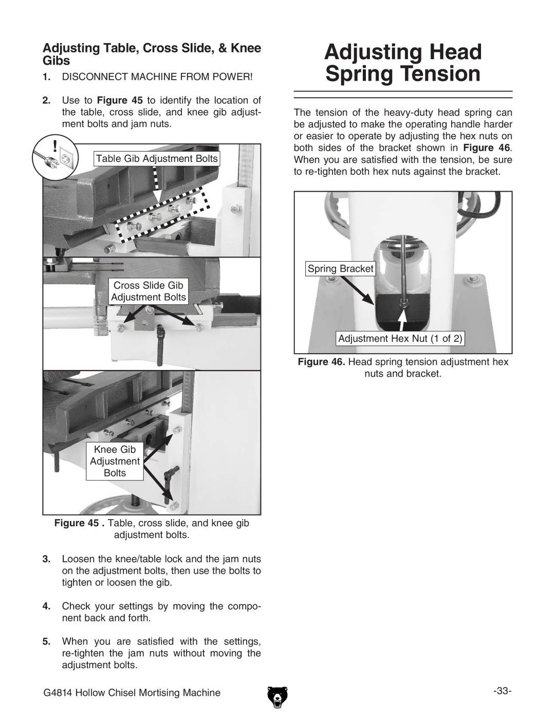 Grizzly G4814 owner manual Adjusting Head Spring Tension, Adjusting Table, Cross Slide, & Knee Gibs 