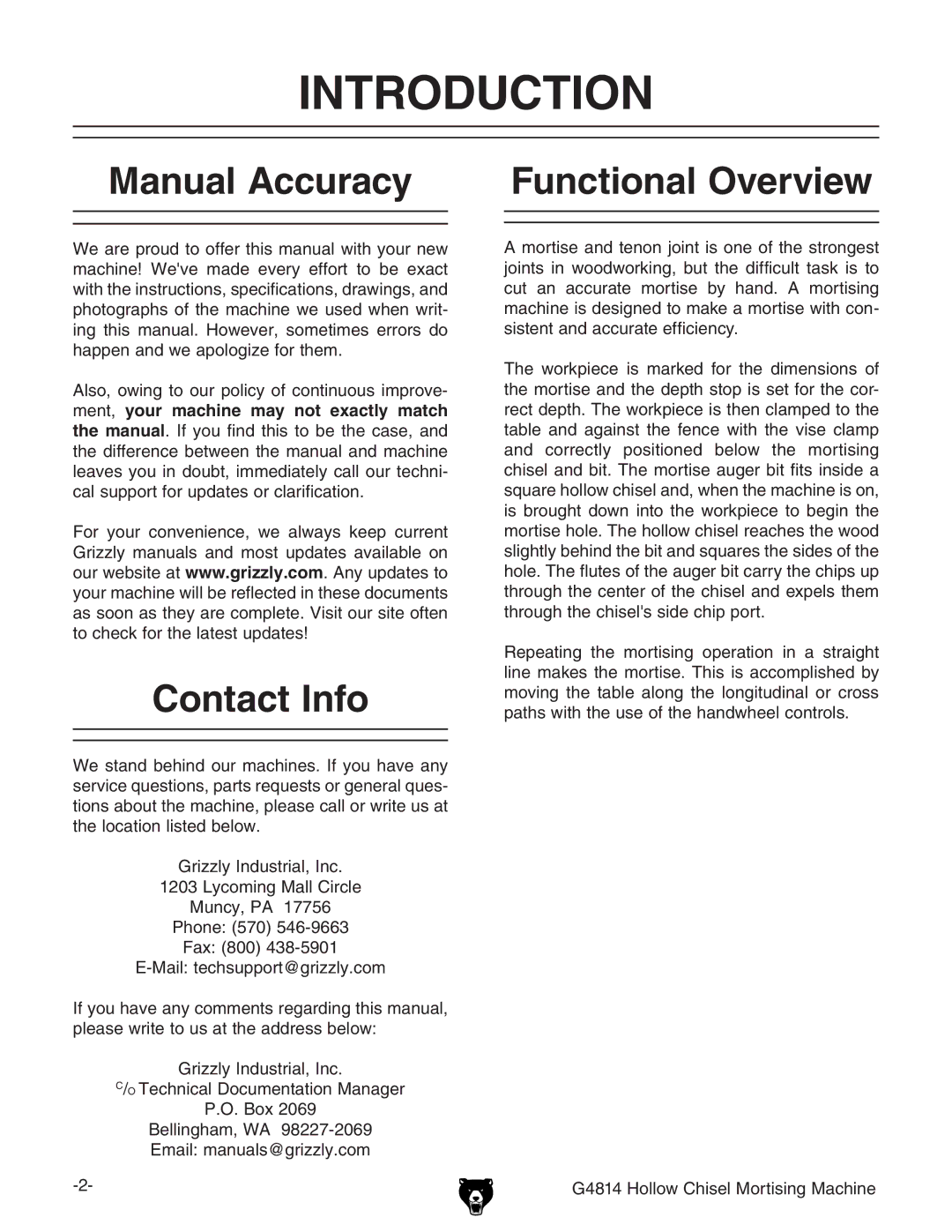 Grizzly G4814 owner manual Introduction, Manual Accuracy Functional Overview, Contact Info, =daadl8hZaBdgihc\BVXcZ 