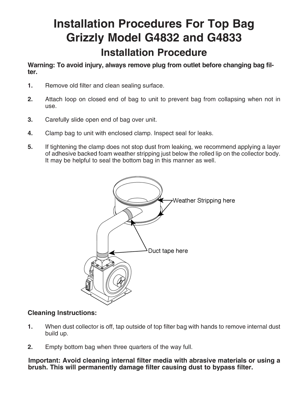 Grizzly G4832 manual Installation Procedure, Cleaning Instructions 