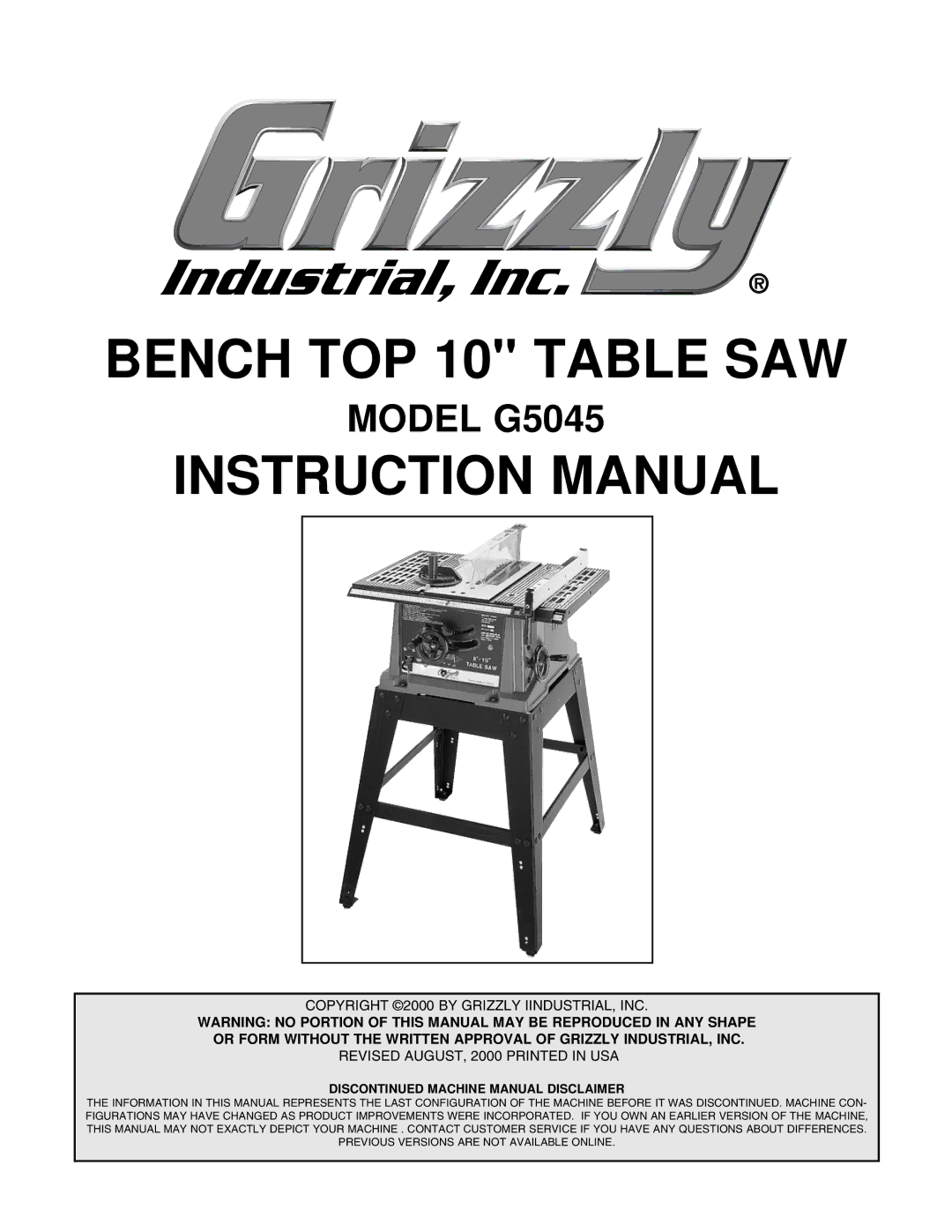 Grizzly G5045 instruction manual Bench TOP 10 Table SAW 