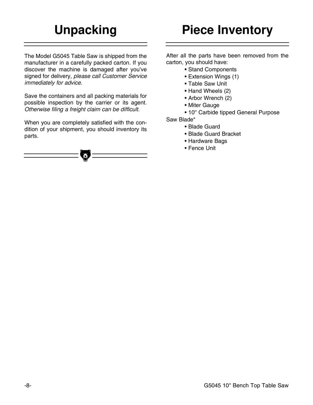 Grizzly G5045 instruction manual Unpacking Piece Inventory 