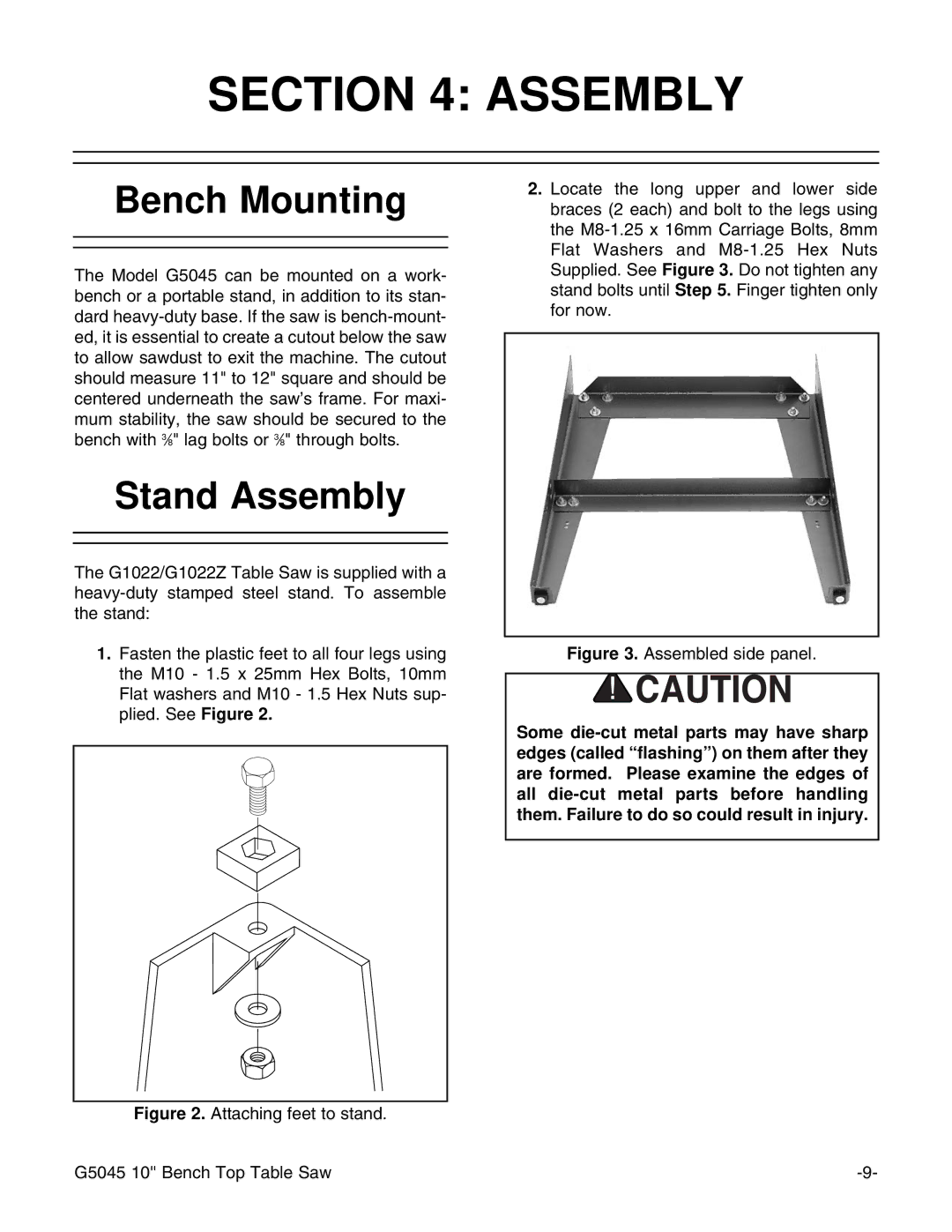 Grizzly G5045 instruction manual Bench Mounting, Stand Assembly 