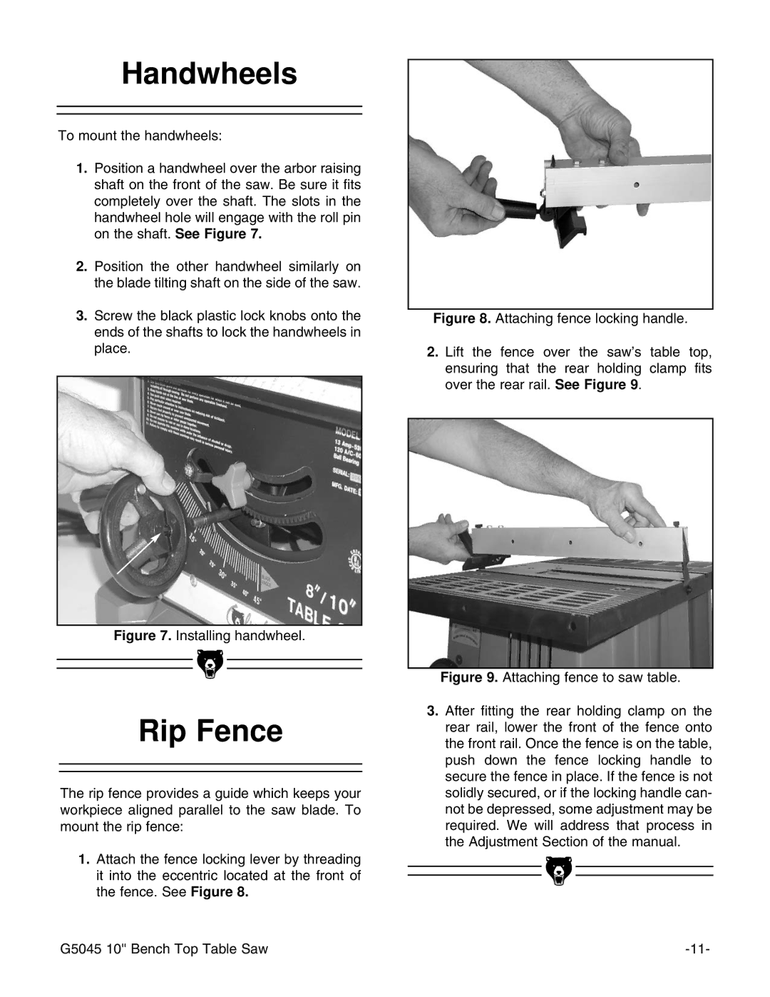 Grizzly G5045 instruction manual Handwheels, Rip Fence 