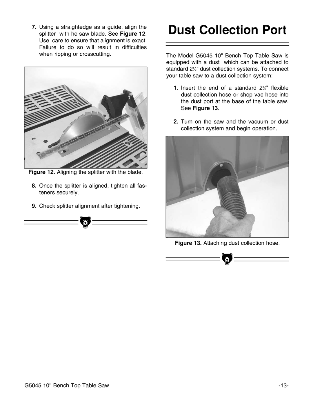 Grizzly instruction manual Dust Collection Port, Attaching dust collection hose G5045 10 Bench Top Table Saw 