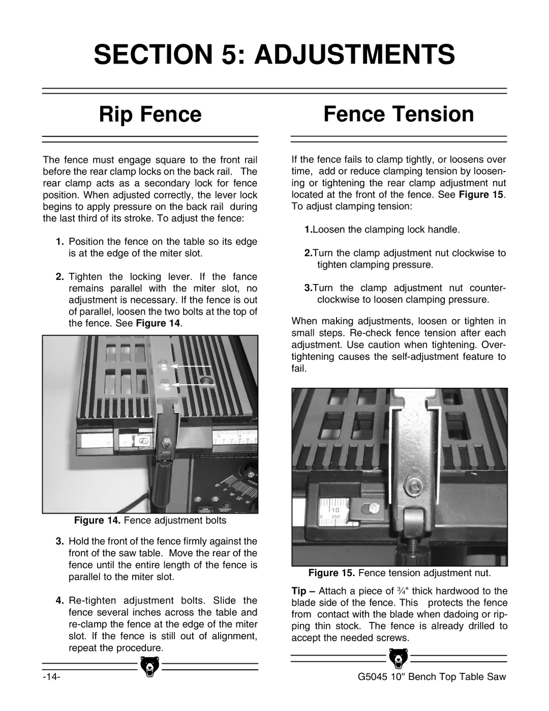 Grizzly G5045 instruction manual Adjustments, Rip Fence Fence Tension 