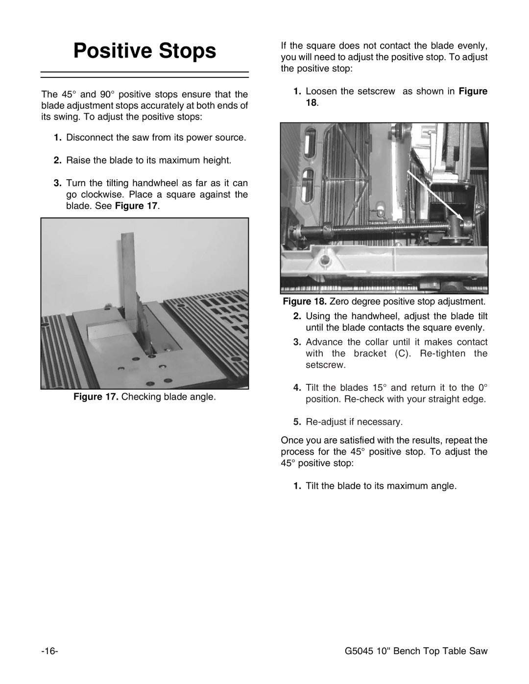 Grizzly G5045 instruction manual Positive Stops 