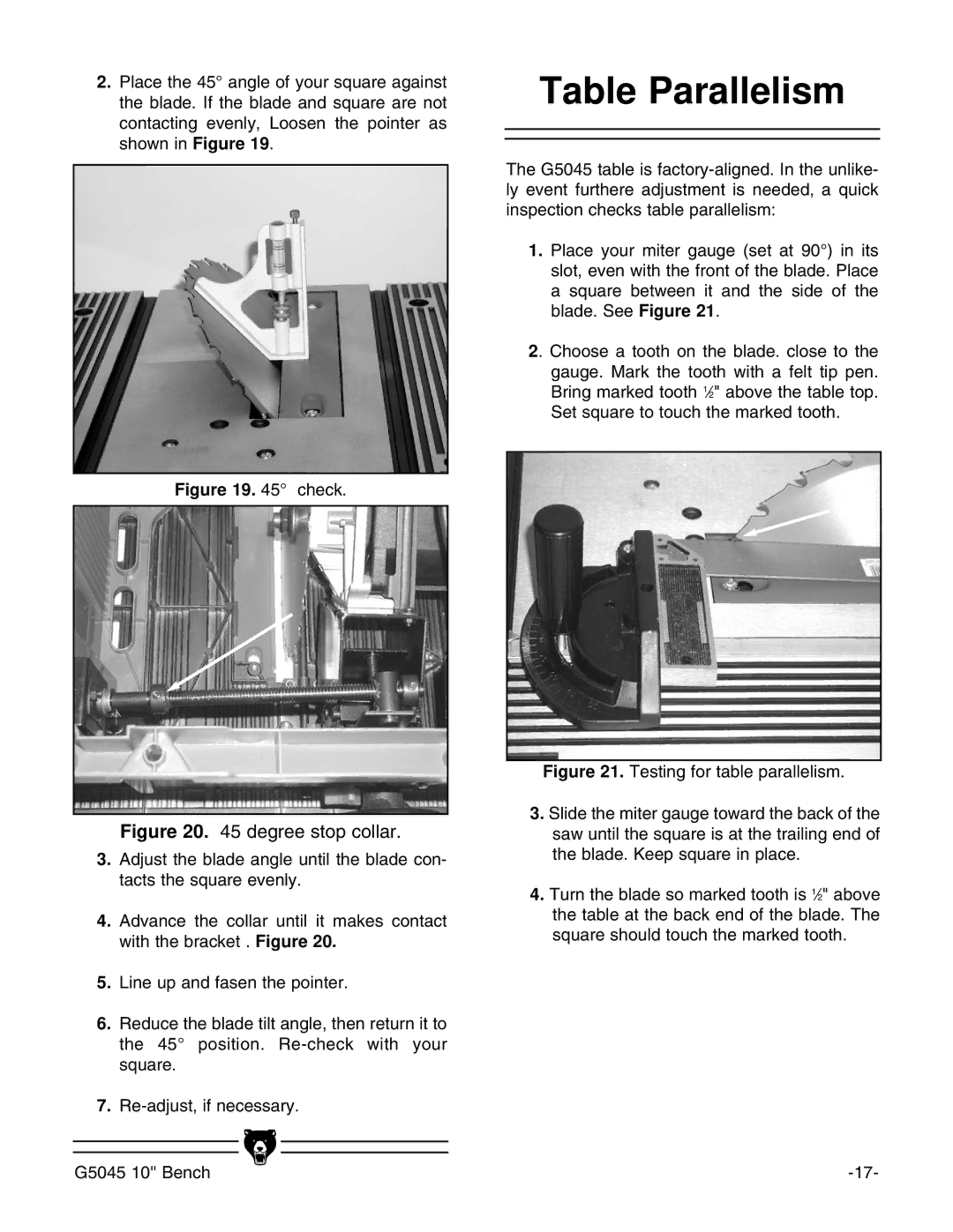 Grizzly G5045 instruction manual Table Parallelism, Check 