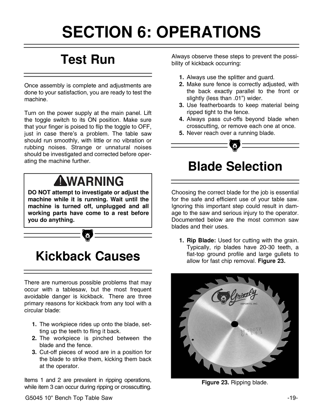 Grizzly G5045 instruction manual Operations, Test Run, Kickback Causes, Blade Selection 