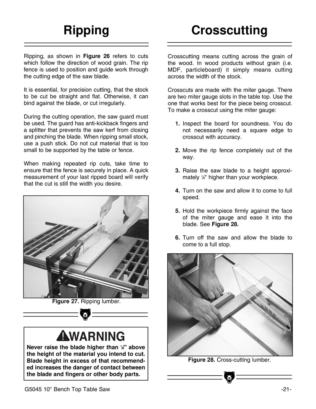 Grizzly instruction manual RippingCrosscutting, Cross-cutting lumber G5045 10 Bench Top Table Saw 