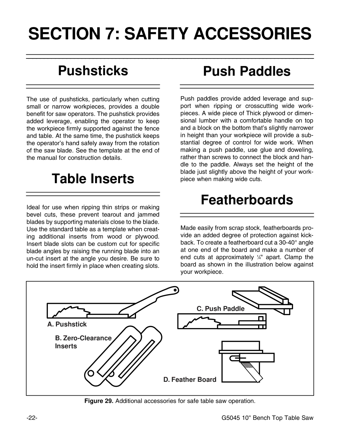 Grizzly G5045 instruction manual Safety Accessories, Pushsticks, Table Inserts, Push Paddles, Featherboards 