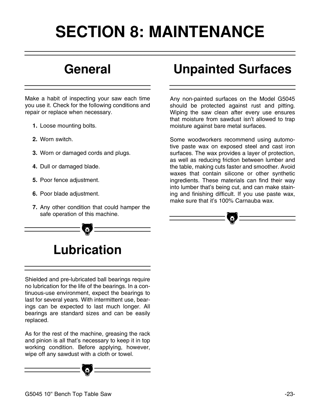 Grizzly G5045 instruction manual Maintenance, General Unpainted Surfaces, Lubrication 