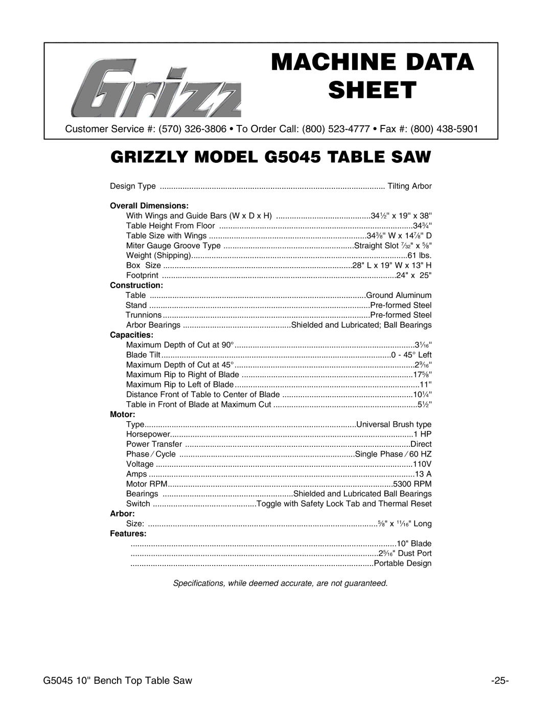 Grizzly G5045 instruction manual Machine Data Sheet 