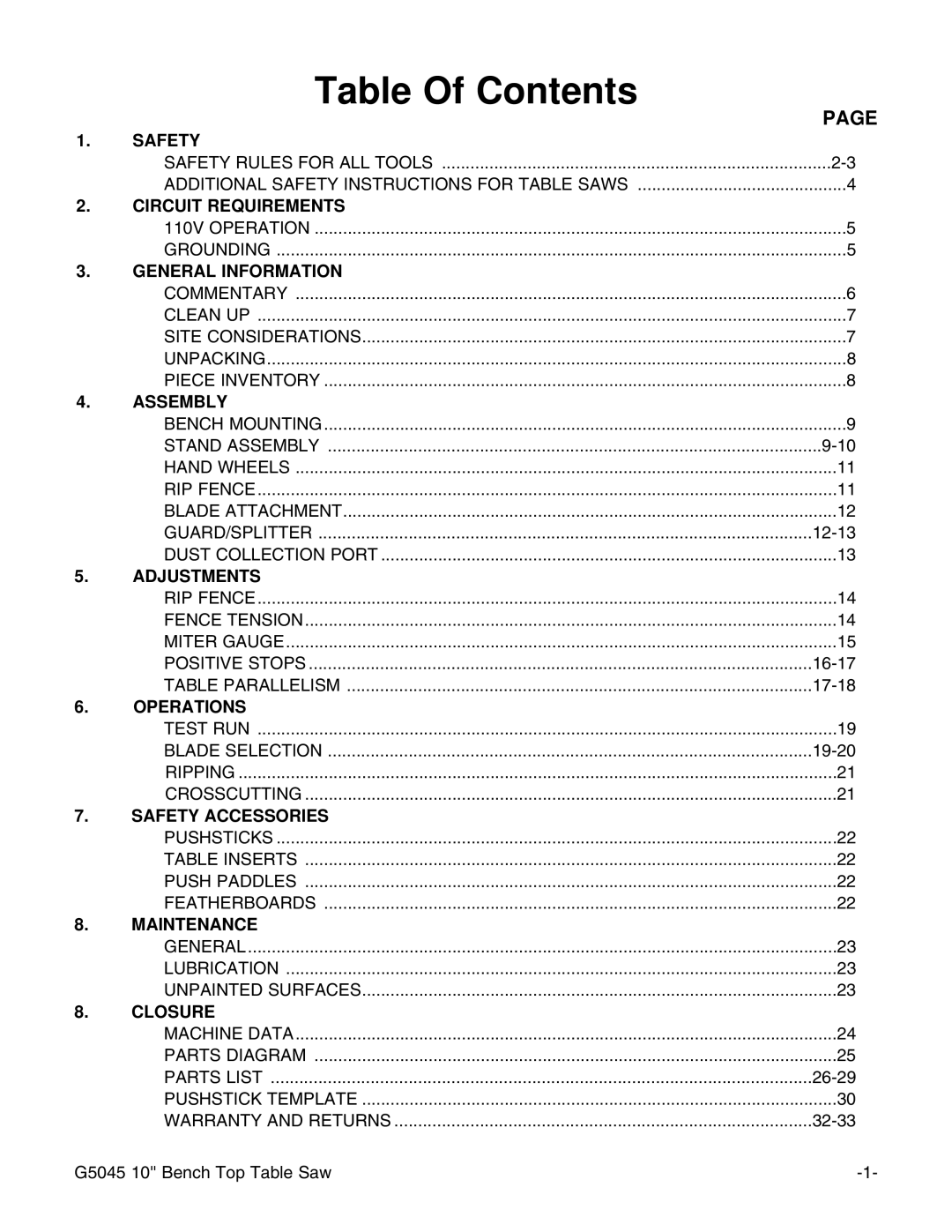 Grizzly G5045 instruction manual Table Of Contents 