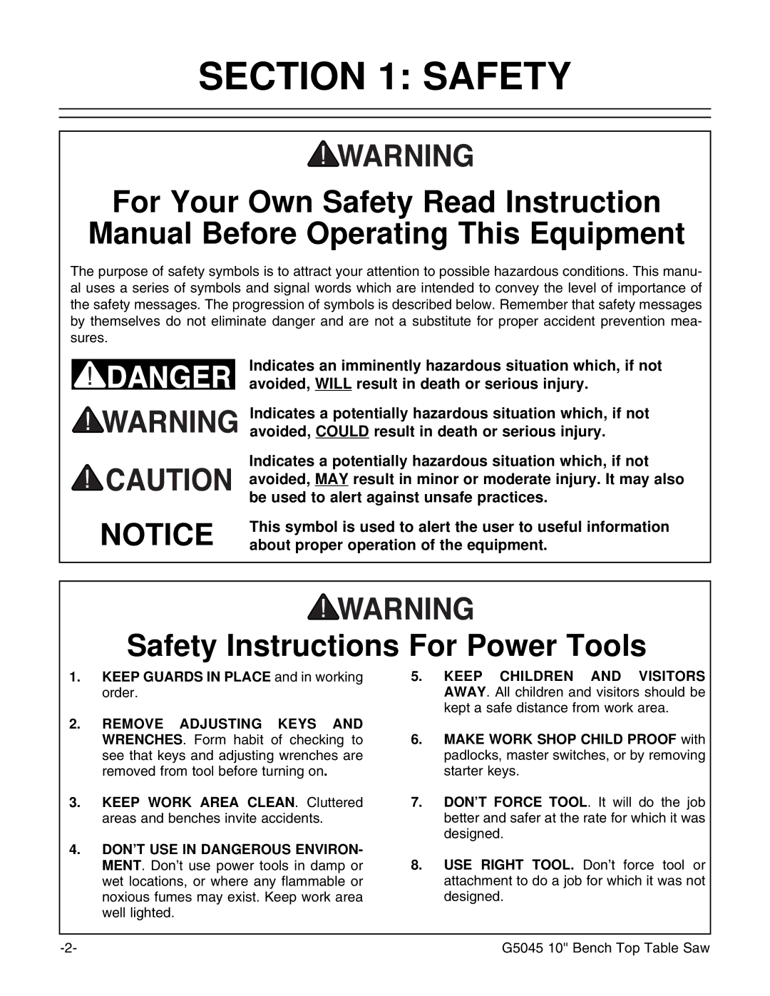 Grizzly G5045 instruction manual Safety Instructions For Power Tools 