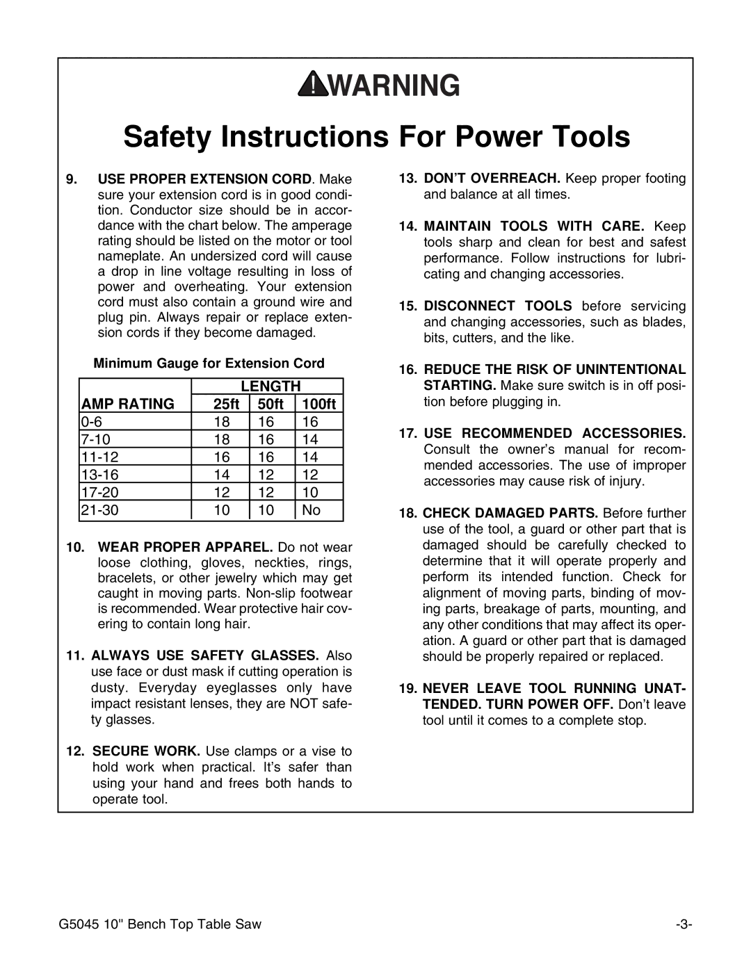 Grizzly G5045 instruction manual Length AMP Rating 