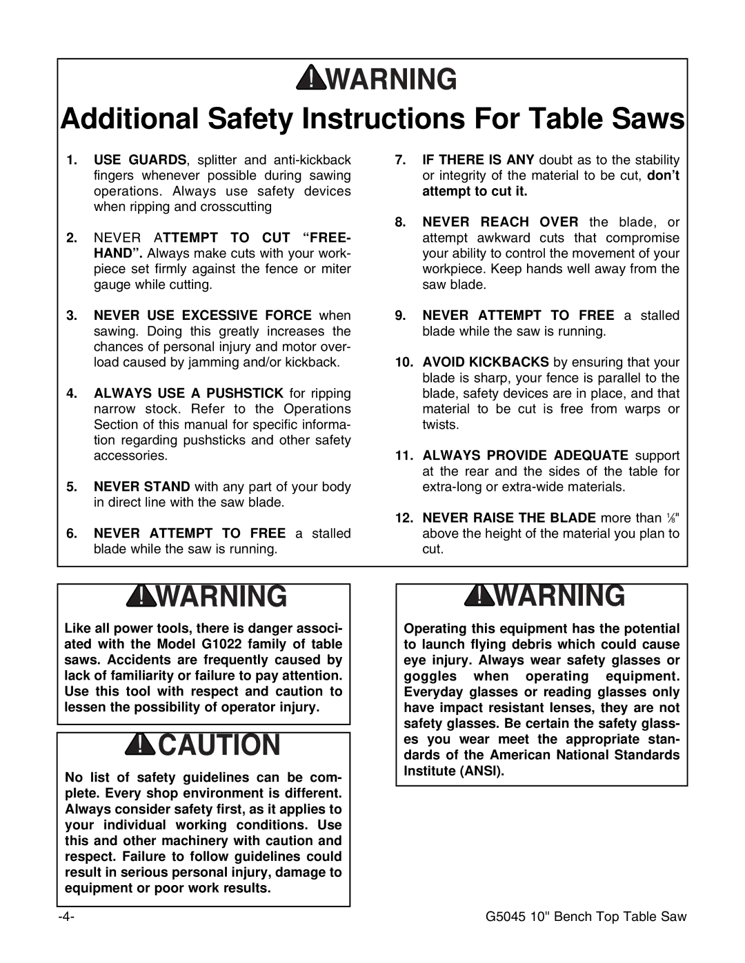 Grizzly G5045 instruction manual Additional Safety Instructions For Table Saws 