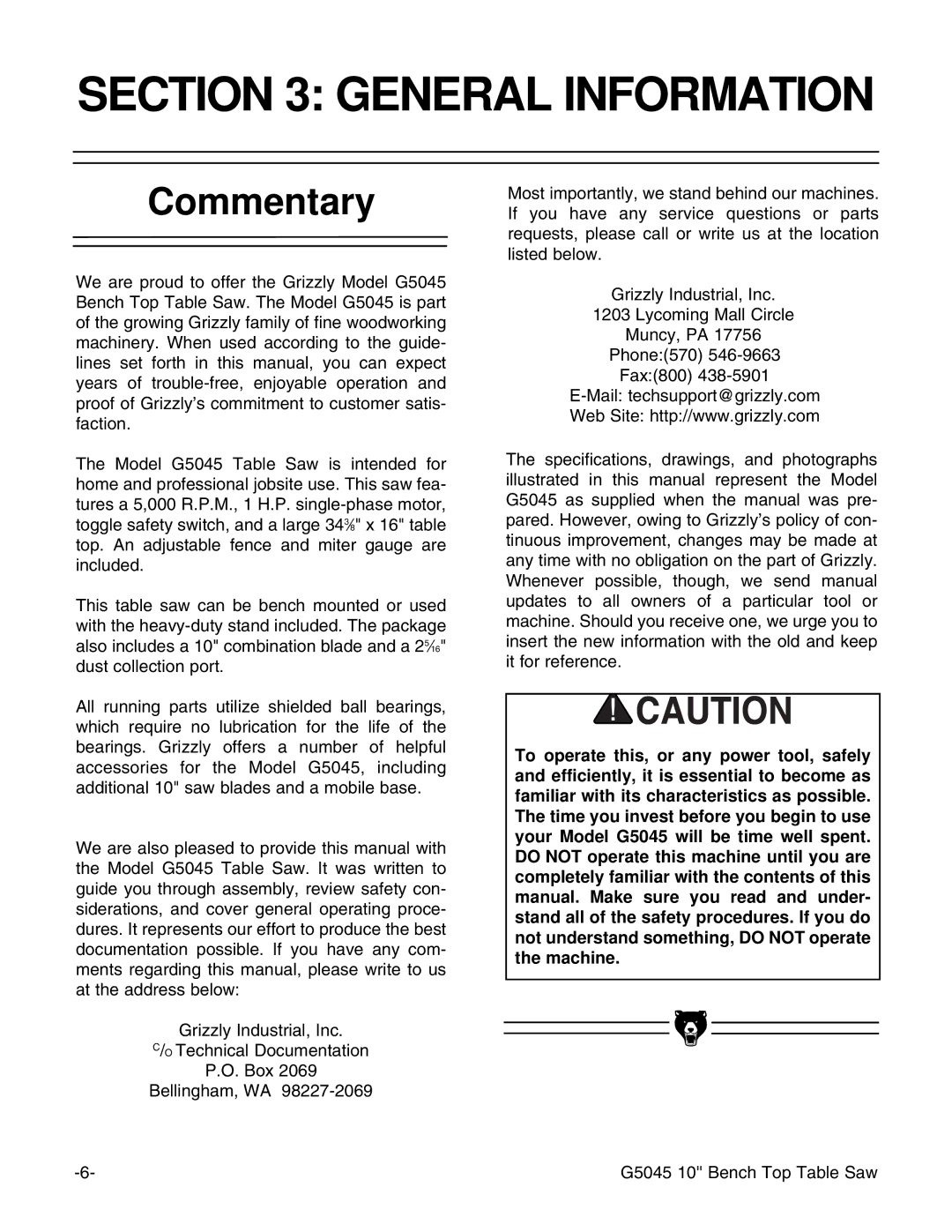 Grizzly G5045 instruction manual General Information, Commentary 