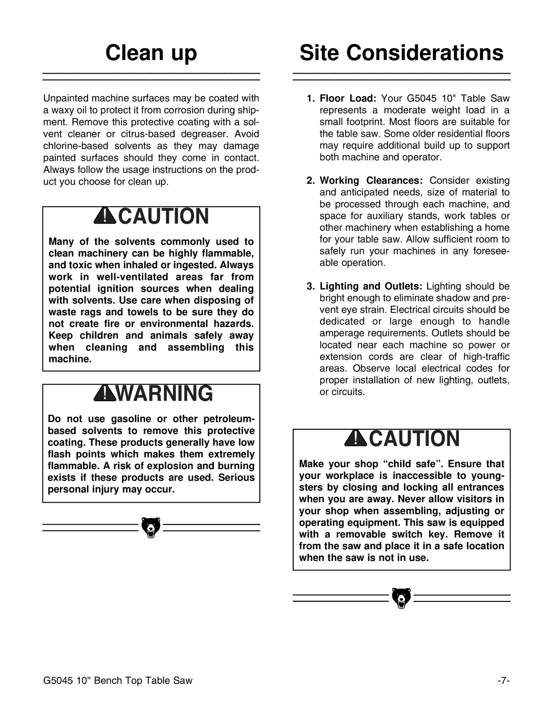 Grizzly G5045 instruction manual Clean up Site Considerations 