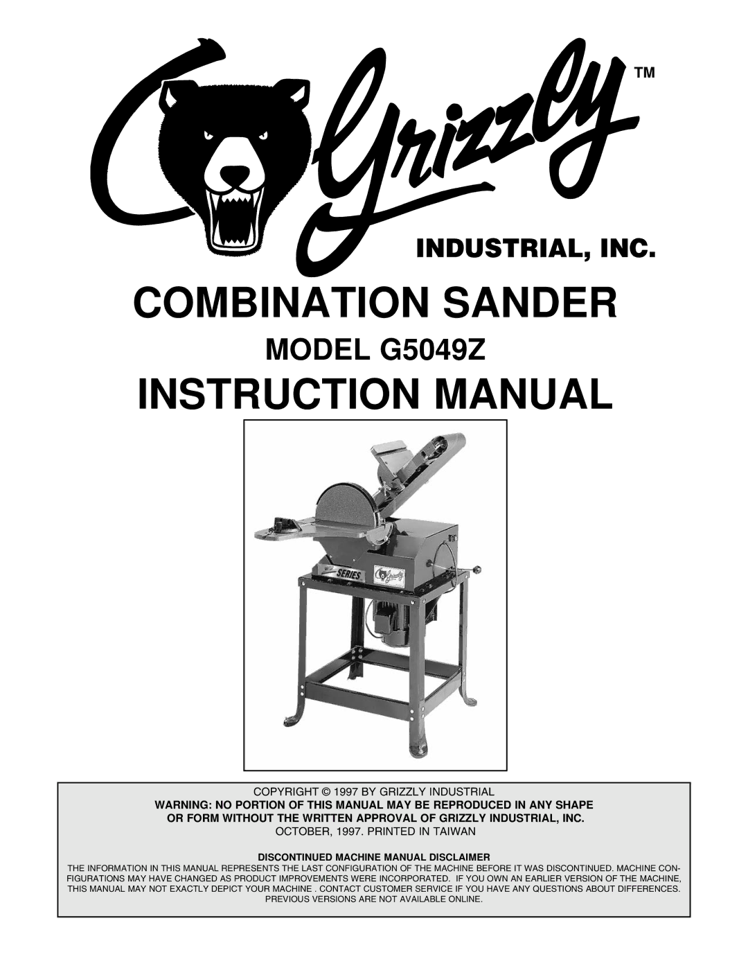 Grizzly G5049Z instruction manual Combination Sander 