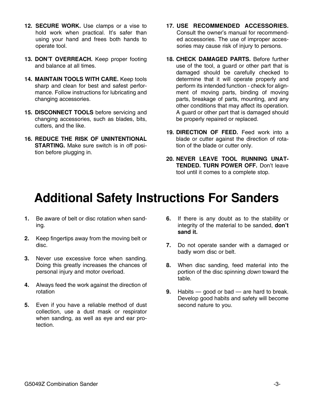 Grizzly G5049Z instruction manual Additional Safety Instructions For Sanders 