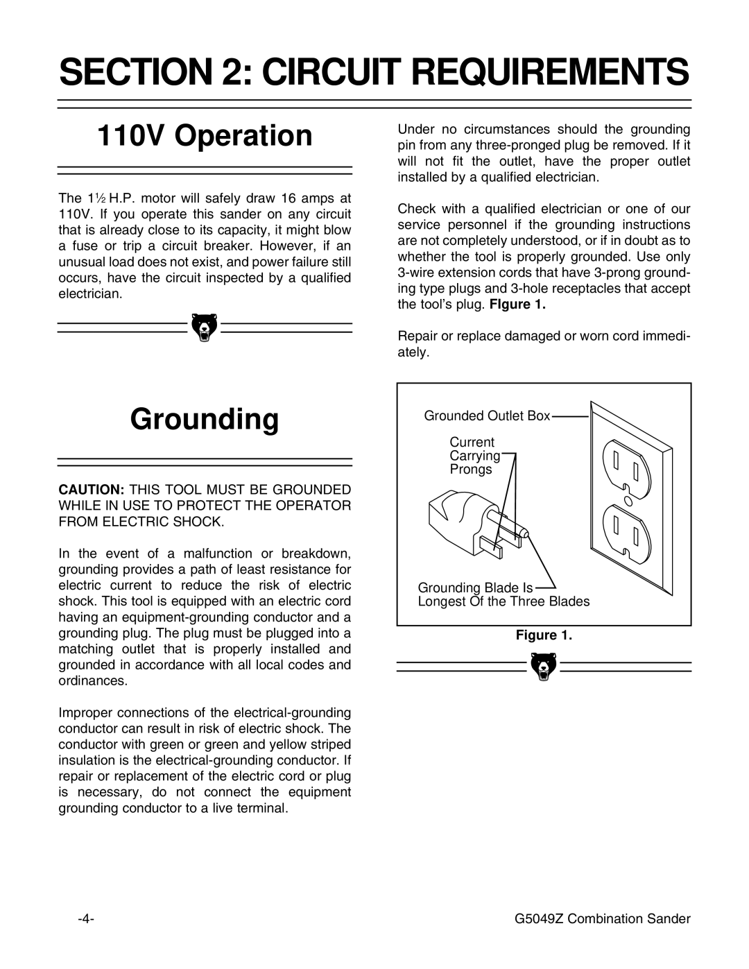 Grizzly G5049Z instruction manual Circuit Requirements, 110V Operation, Grounding 