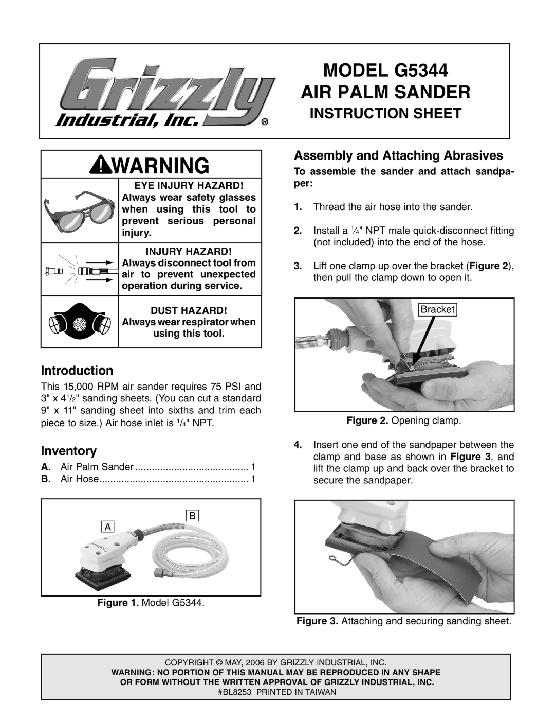 Grizzly g5344 instruction sheet Introduction, Inventory, Assembly and Attaching Abrasives 