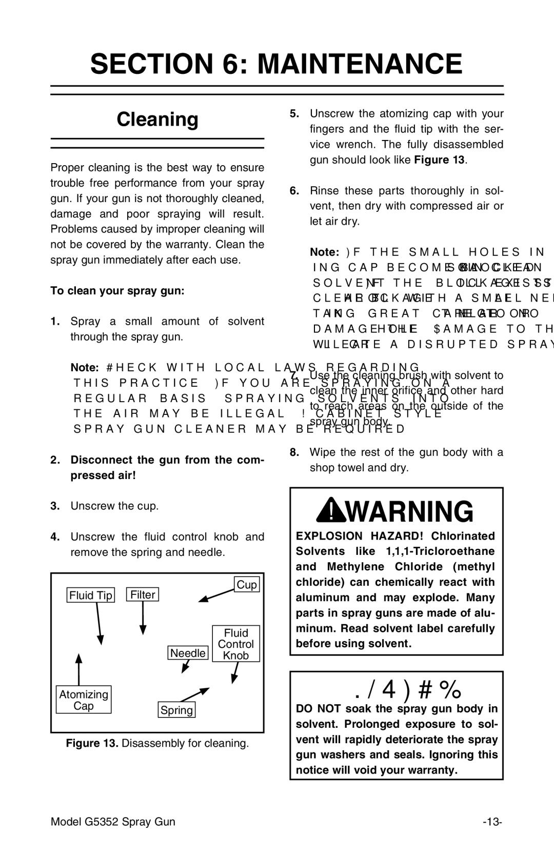 Grizzly G5352 Maintenance, Cleaning, To clean your spray gun, Disconnect the gun from the com- pressed air 