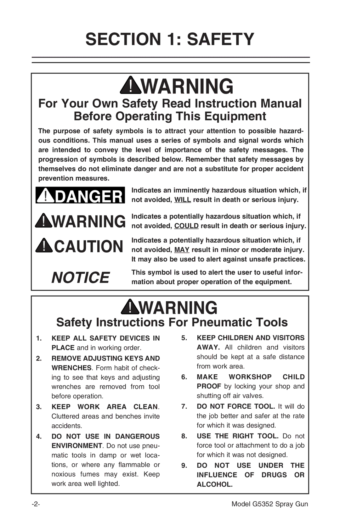 Grizzly G5352 instruction manual Before Operating This Equipment, Safety Instructions For Pneumatic Tools 