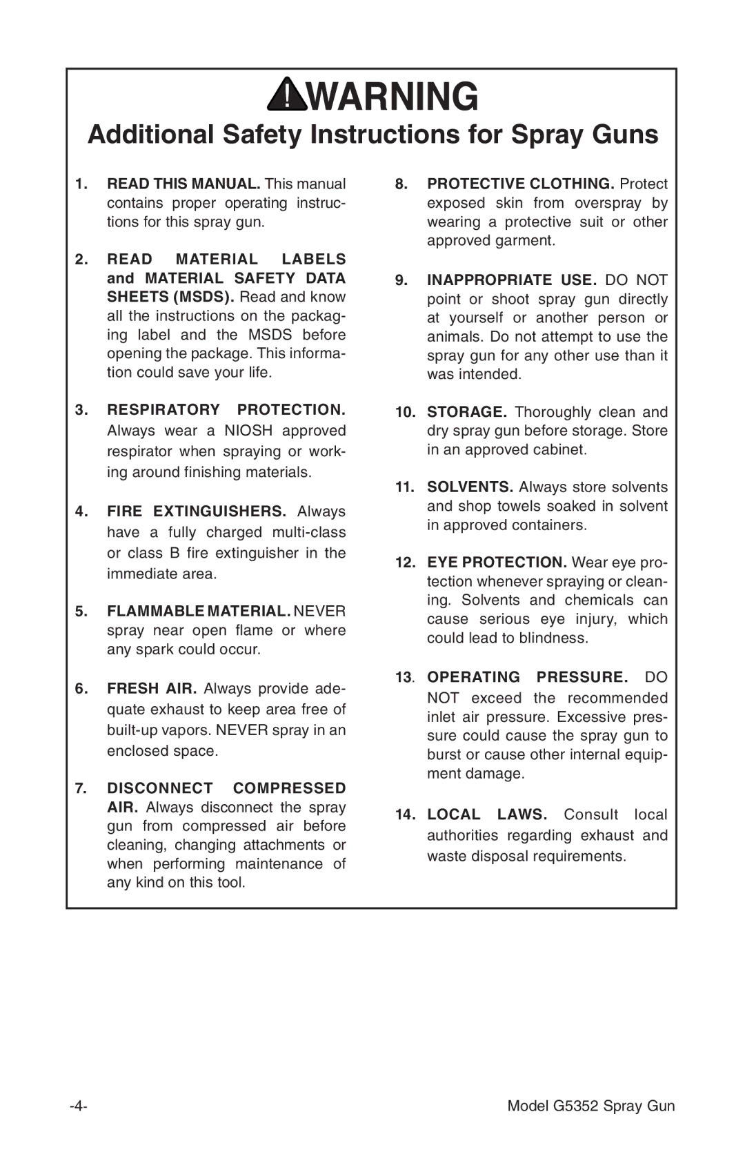 Grizzly G5352 instruction manual Additional Safety Instructions for Spray Guns, Operating PRESSURE. do 