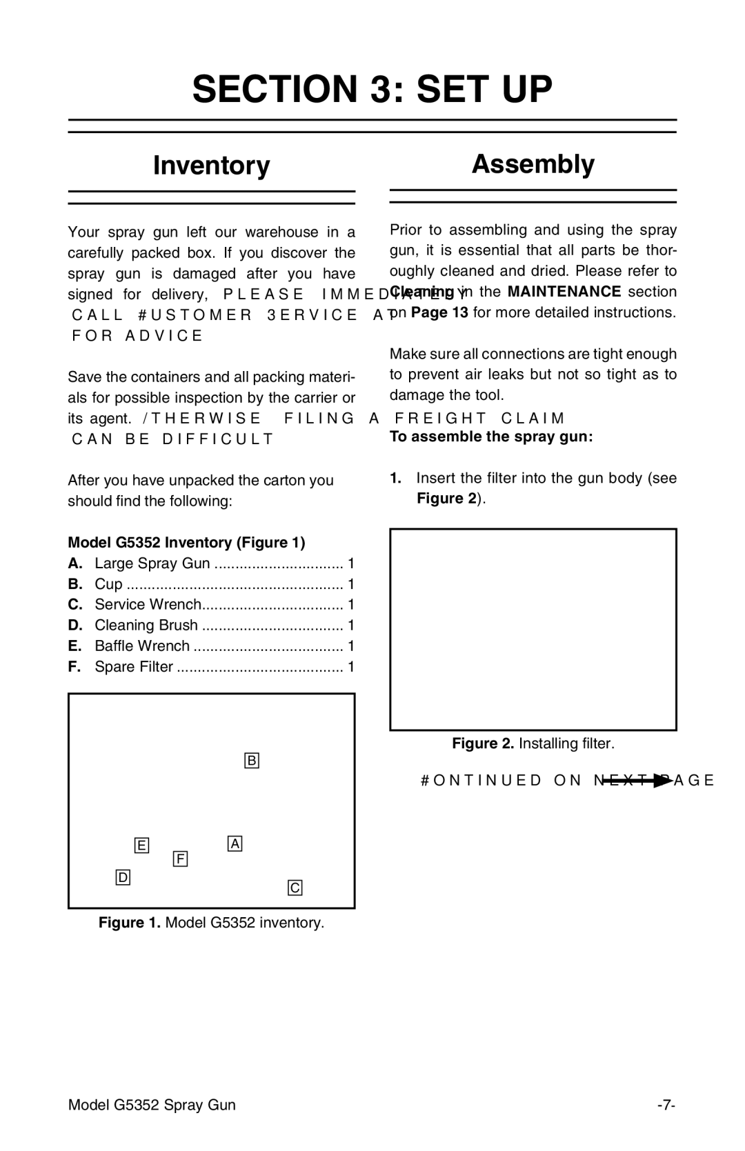 Grizzly instruction manual Set Up, InventoryAssembly, Model G5352 Inventory Figure, To assemble the spray gun 