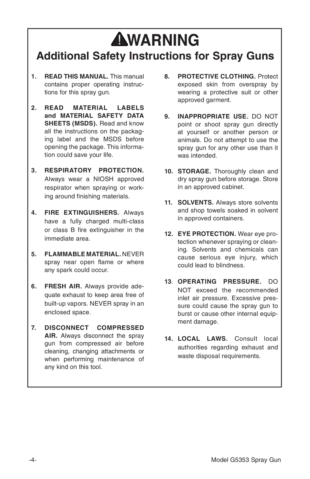 Grizzly G5353 instruction manual Additional Safety Instructions for Spray Guns, Operating PRESSURE. do 