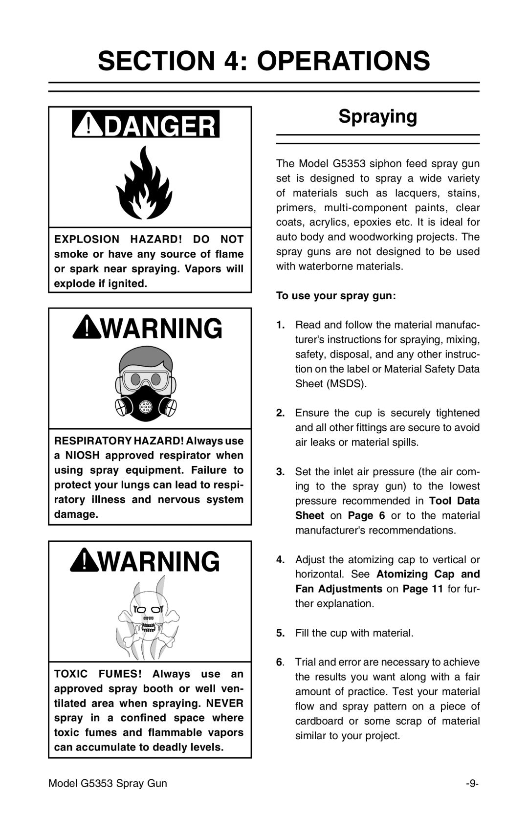 Grizzly G5353 instruction manual Operations, Spraying, To use your spray gun 