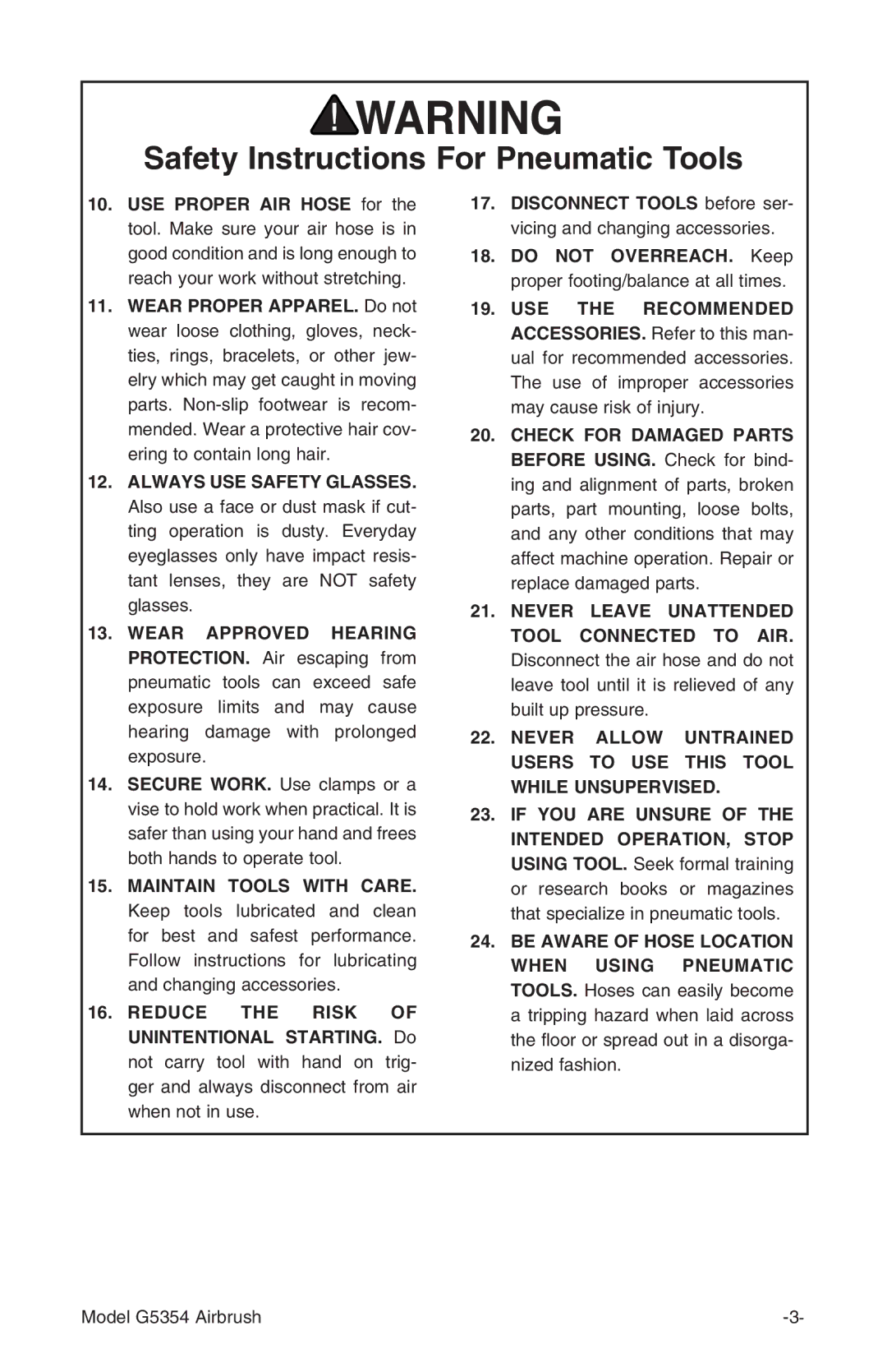 Grizzly G5354 instruction manual Safety Instructions For Pneumatic Tools 