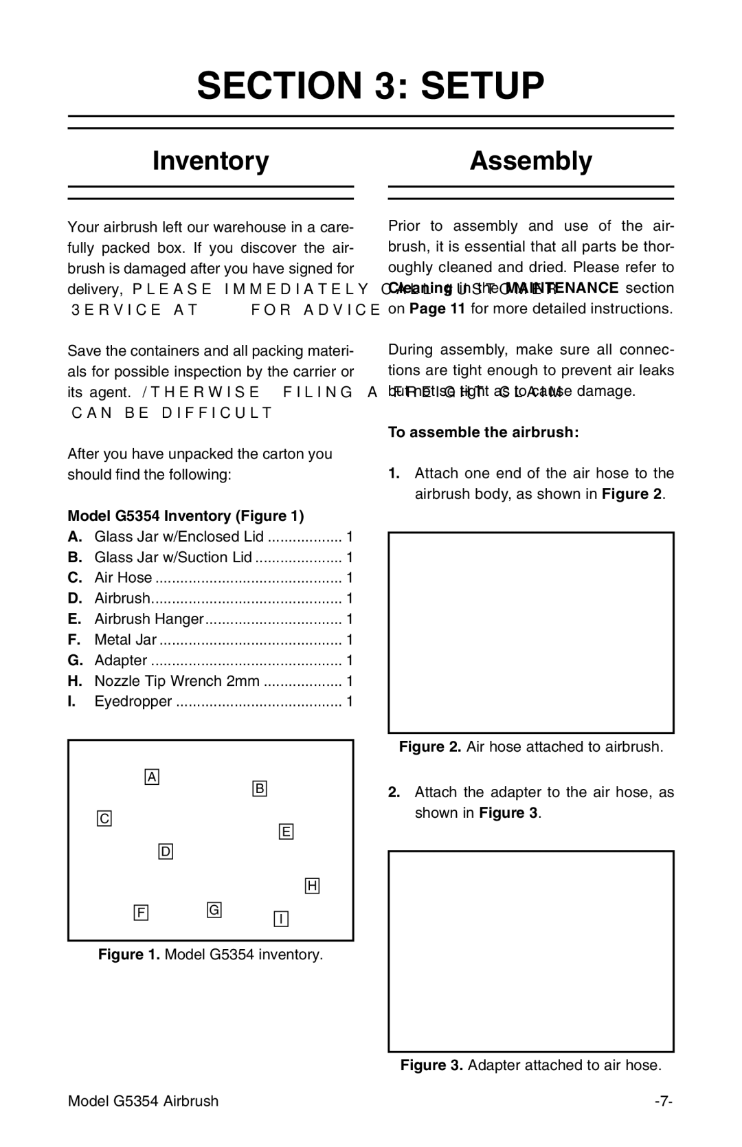 Grizzly instruction manual Setup, InventoryAssembly, Model G5354 Inventory Figure, To assemble the airbrush 