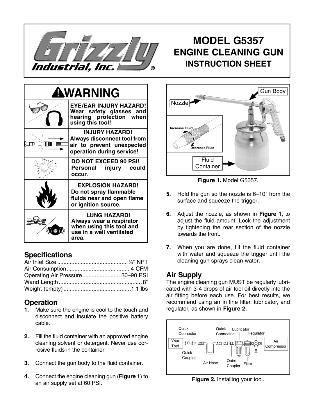 Grizzly specifications Model G5357, Engine Cleaning GUN, Instruction Sheet 