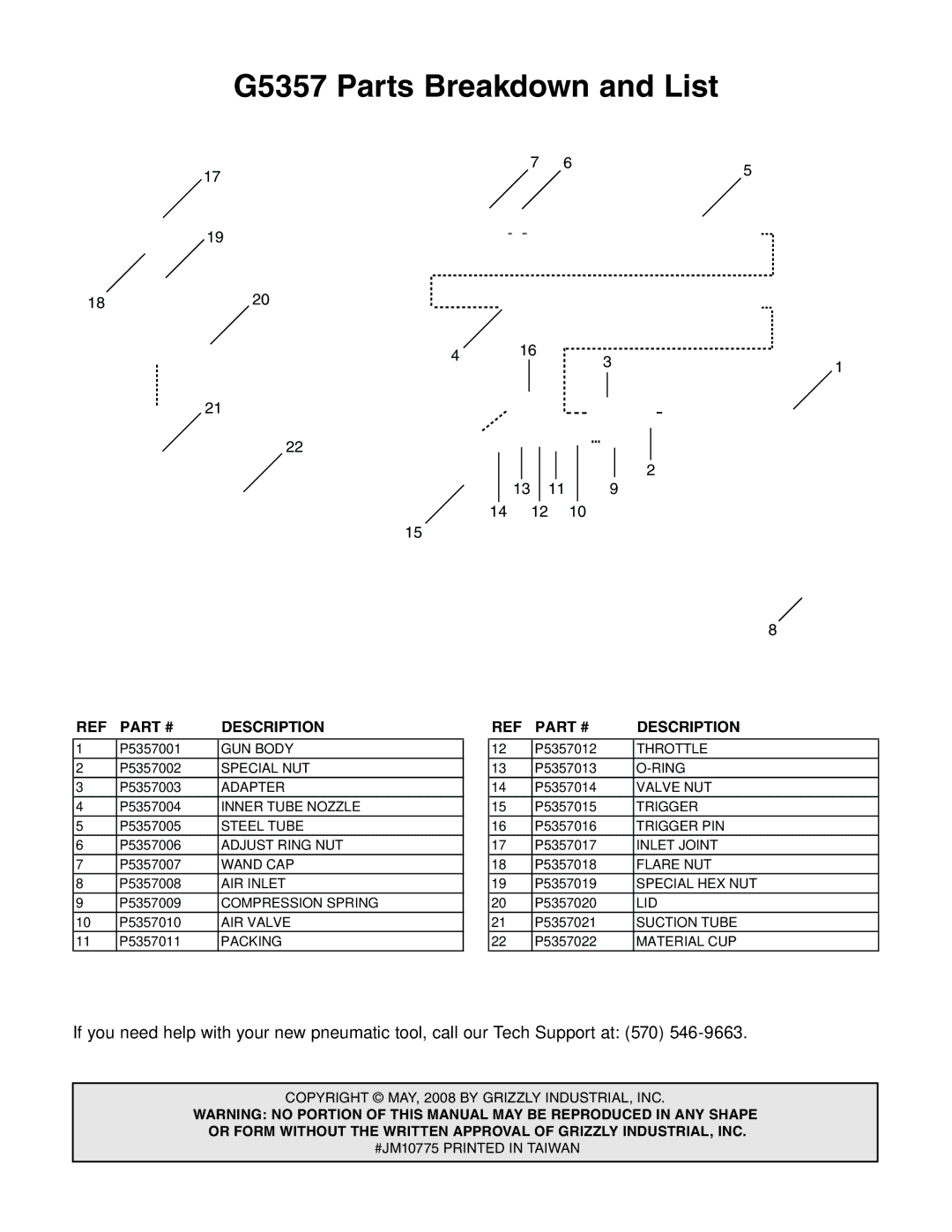 Grizzly specifications G5357 Parts Breakdown and List, Description 