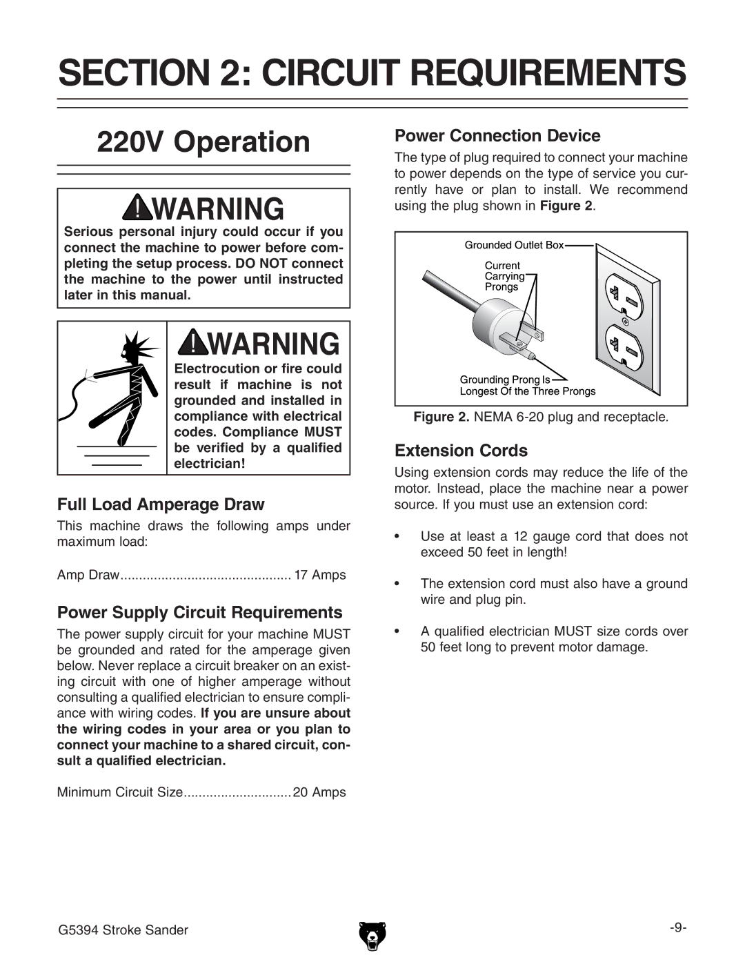 Grizzly G5394 owner manual Circuit Requirements, 220V Operation 