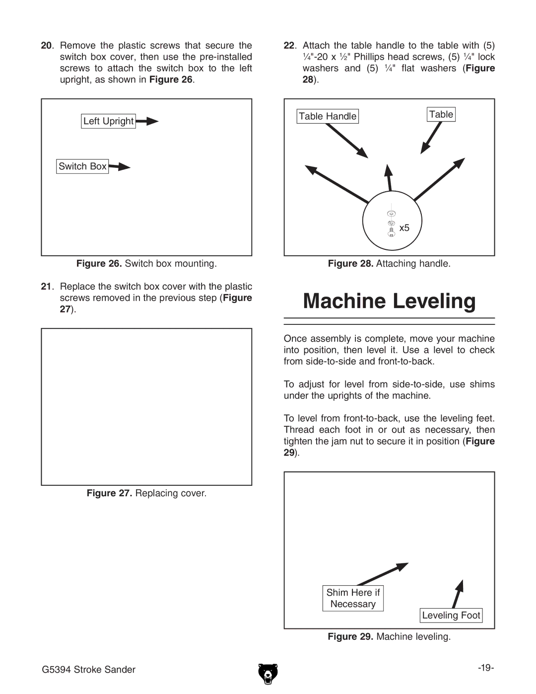 Grizzly G5394 owner manual Machine Leveling, AZiJeg\i HliX7dm 