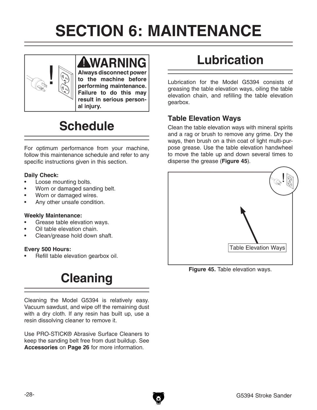 Grizzly G5394 owner manual Maintenance, Schedule, Cleaning, Lubrication, Table Elevation Ways 