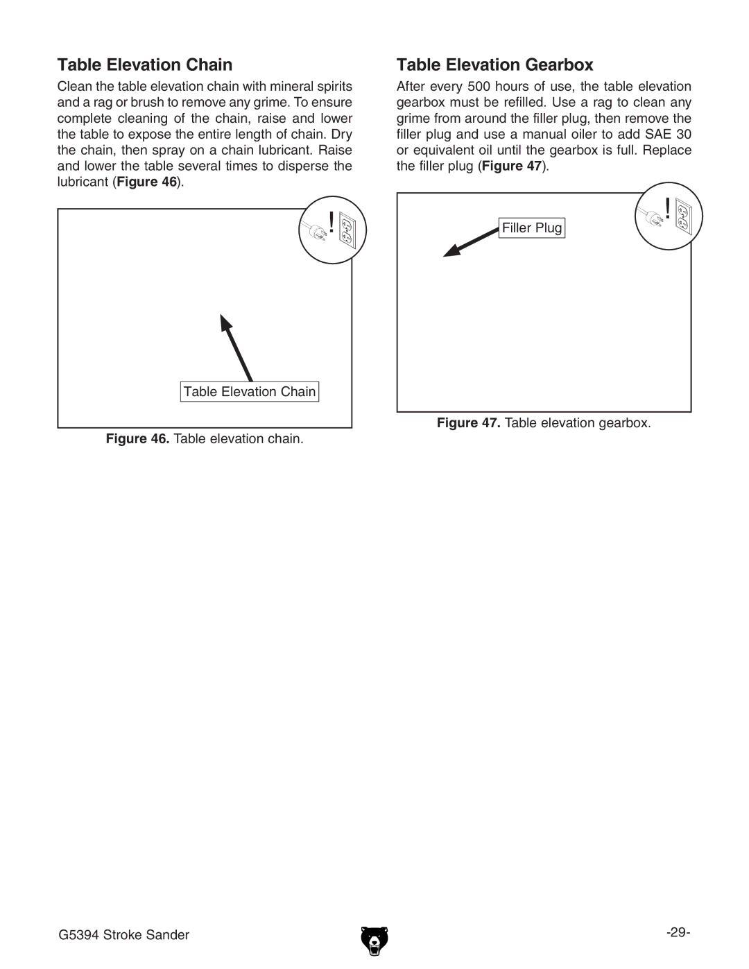 Grizzly G5394 owner manual Table Elevation Chain, Table Elevation Gearbox 