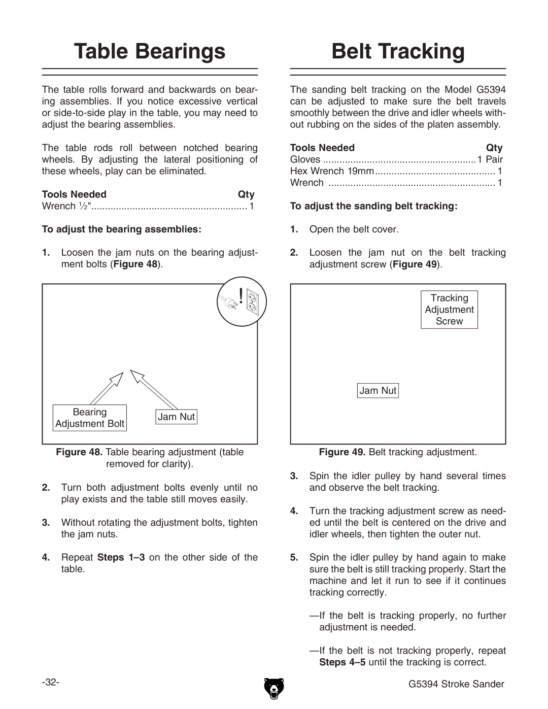 Grizzly G5394 Table Bearings Belt Tracking, Tools Needed Qty, To adjust the bearing assemblies, Tools NeededQty 