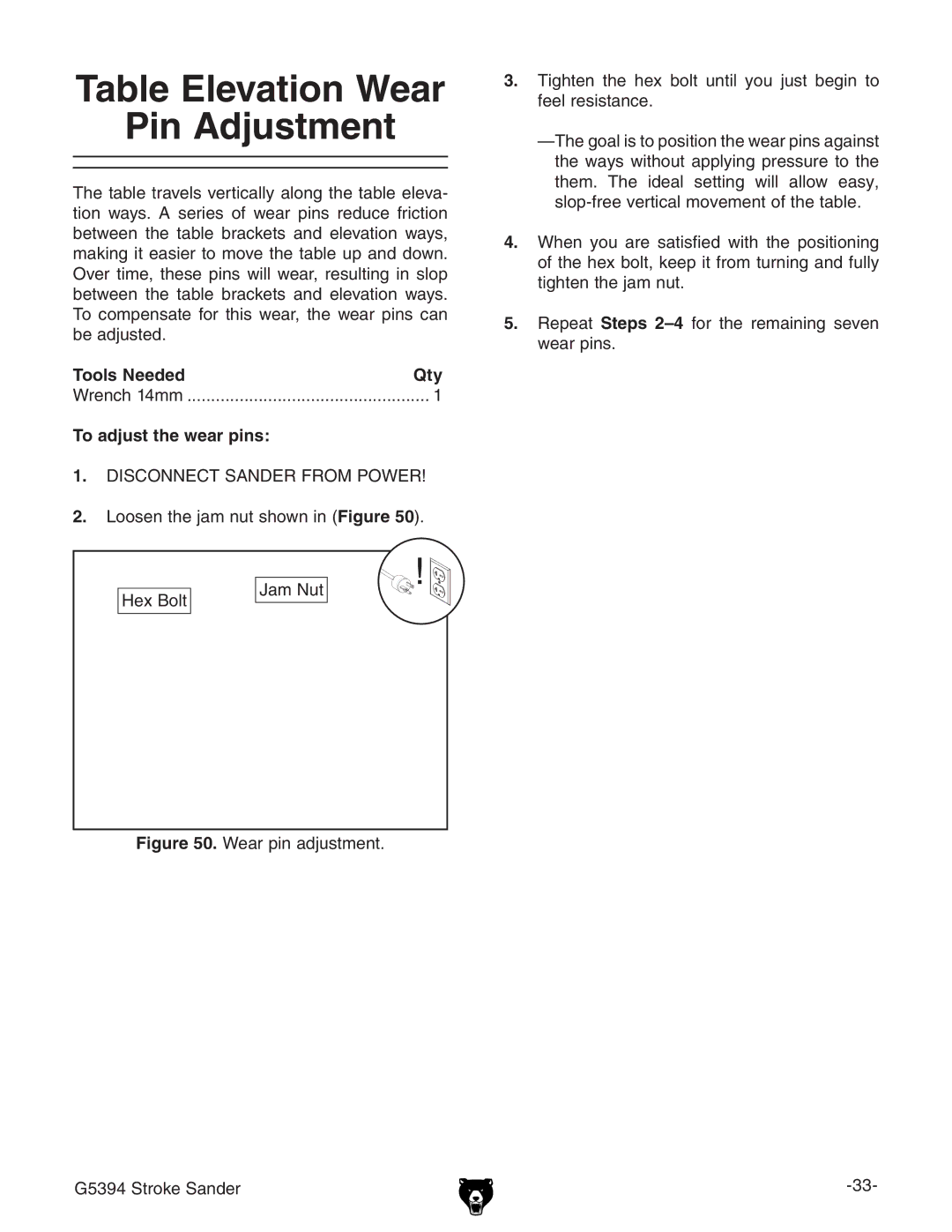 Grizzly G5394 owner manual Table Elevation Wear Pin Adjustment, To adjust the wear pins, =Zm7dai ?VbCji 